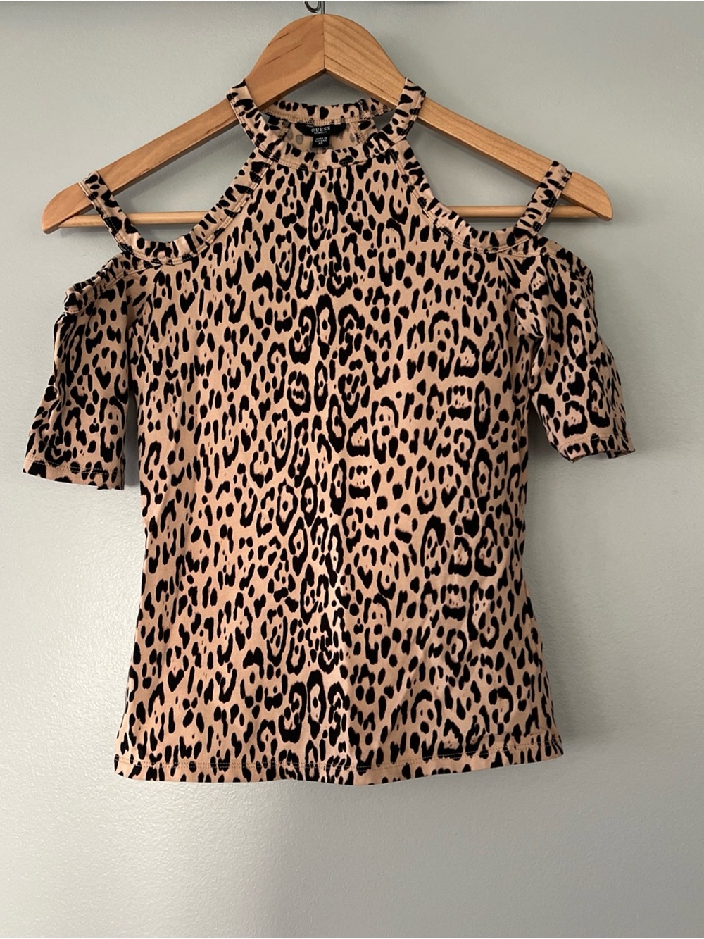 Guess Beige and Black Leopard Cold-Shoulder Crop Top
